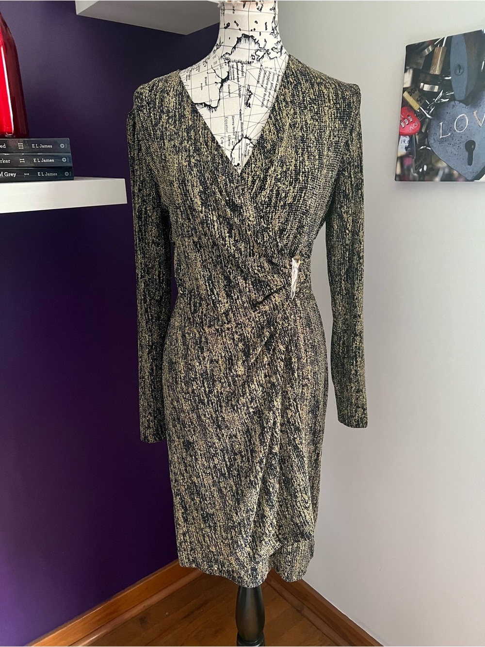 Calvin Klein Long Sleeve Metallic Faux Wrap Dress in Black and Gold